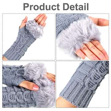 3 Pairs Fingerless Winter Gloves Faux Fur Crochet Warm Middle Length Thumb Hole Fingerless Gloves Arm Warmers (Black, White, Grey)