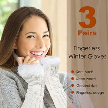 3 Pairs Fingerless Winter Gloves Faux Fur Crochet Warm Middle Length Thumb Hole Fingerless Gloves Arm Warmers (Black, White, Grey)