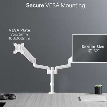 VIVO 17 to 32 inch Dual Pneumatic Monitor Mount, 2 Pneumatic Arms, Adjustable Swivel, Rotation, Heavy Duty VESA Desk Stand with C-clamp, Grommet, Max VESA 100x100, White, STAND-V002KW