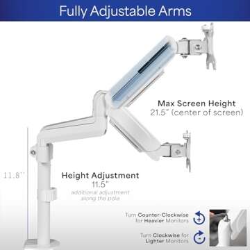 VIVO 17 to 32 inch Dual Pneumatic Monitor Mount, 2 Pneumatic Arms, Adjustable Swivel, Rotation, Heavy Duty VESA Desk Stand with C-clamp, Grommet, Max VESA 100x100, White, STAND-V002KW