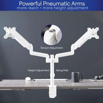 VIVO 17 to 32 inch Dual Pneumatic Monitor Mount, 2 Pneumatic Arms, Adjustable Swivel, Rotation, Heavy Duty VESA Desk Stand with C-clamp, Grommet, Max VESA 100x100, White, STAND-V002KW