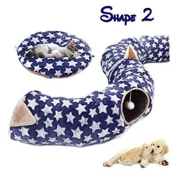 LUCKITTY Large Cat Tunnel Bed with Plush Cover,Fluffy Toy Balls, Small Cushion and Flexible Design- 10 inch Diameter, 3 ft Length- Great for Cats, and Small Dogs,Blue Star