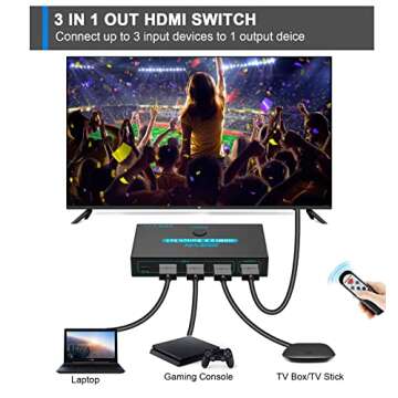 SGEYR HDMI 2.0 Switch Splitter 3 Port 4K HDMI Switcher 3 in 1 Out HDMI Switches Selector Box with IR...