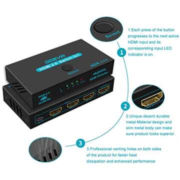 SGEYR HDMI 2.0 Switch Splitter 3 Port 4K HDMI Switcher 3 in 1 Out HDMI Switches Selector Box with IR Remote IR Remote Control Support HDCP 2.2 Support 4K@60Hz Ultra HD 3D 2160P 1080P