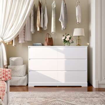 FOTOSOK 6 Drawer Double Dresser, White Dresser, Modern 6 Chest of Drawers with Deep Drawers, Wide Storage Organizer Cabinet for Living Room Home