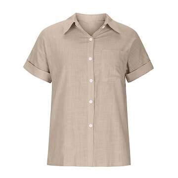 Trendy Linen Shirts for Women - Short Sleeve Casual Tops