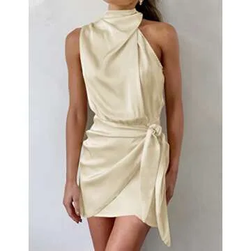 ZESICA Women's Sleeveless Halter Neck Mini Dress