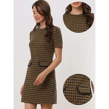 Allegra K Work Dresses for Women's Short Sleeve Vintage Houndstooth Plaid 2024 Formal Sheath Dress M...