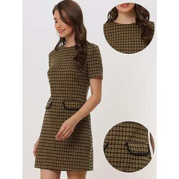 Allegra K Work Dresses for Women's Short Sleeve Vintage Houndstooth Plaid 2024 Formal Sheath Dress M...