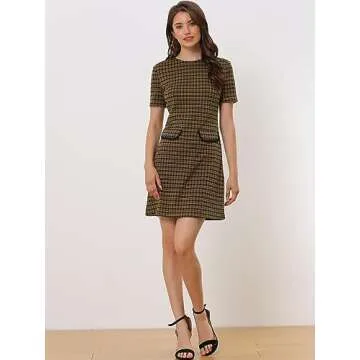 Allegra K Work Dresses for Women's Short Sleeve Vintage Houndstooth Plaid 2024 Formal Sheath Dress Medium Brown
