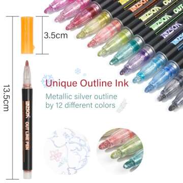ZSCM Shimmer Glitter Markers Outline Pen - 12 Metallic Colors for Crafts & Gifts
