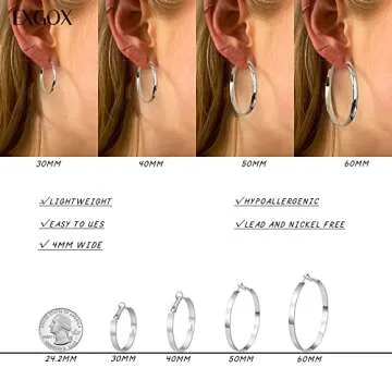 EXGOX 4MM Wide Silver Hoop Earrings for Women Sterling Silver Large Hoop Earrings 14K Real Gold Plated Hoop Earrings Hypoallergenic 925 Silver Big Hoop Earrings for Women (30/40/50/60mm)