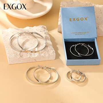 EXGOX 4MM Wide Silver Hoop Earrings for Women Sterling Silver Large Hoop Earrings 14K Real Gold Plated Hoop Earrings Hypoallergenic 925 Silver Big Hoop Earrings for Women (30/40/50/60mm)