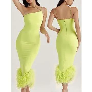 Houstil Women's Feather Bodycon Midi Cocktail Dress