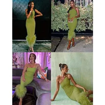 Houstil Women's Feather Bodycon Midi Cocktail Dress