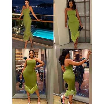 houstil Women's Feather Bodycon Dress Strap Midi Cocktail Evening Party Wedding Guest Dress (S, Green)