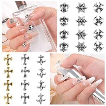 Chrome Hearts Nail Charms, 120pcs 3D Cross Nail Decoration, Vintage Metal Punk Nail Charms Accessori...