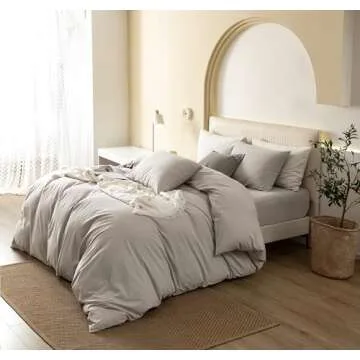 JIYUAN 100% Washed Cotton Duvet Cover Set Comfy Simple Style Soft Breathable Textured Durable Linen Feel Bedding for All Seasons Queen Size,Solid Cream Grey