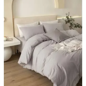 JIYUAN 100% Washed Cotton Duvet Cover Set Comfy Simple Style Soft Breathable Textured Durable Linen Feel Bedding for All Seasons Queen Size,Solid Cream Grey