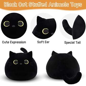 LSYDCARM Black Cat Plush Pillows Toy, 12" Kawaii Black Cat Stuffed Animals Black Cat Pillow, Cute Soft Plush Cat Plushie Stuffed Cat Toys for Kids Gifts