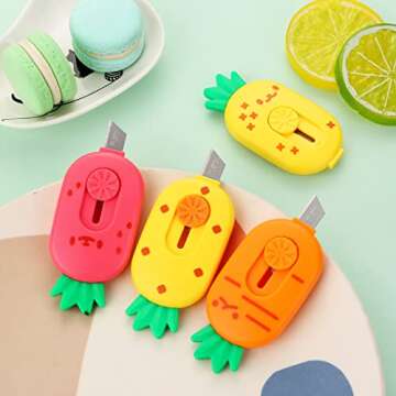 Mini Retractable Box Cutters - 3Pcs Cute Pineapple Paper Cutter Letter Opener Portable Utility Knives Office Stationery for Cutting Envelope Paper Cardboard