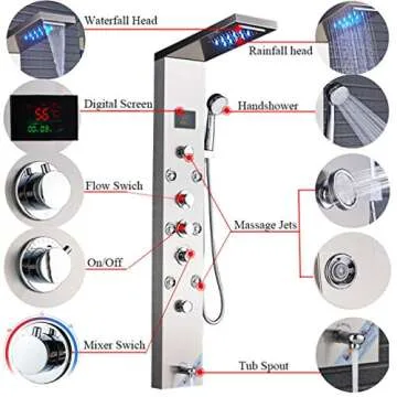 FUZ Contemporary Shower Panel Tower System Stainless Steel 6-Function Faucet LED Rainfall Waterfall Shower Head + Handheld Sprayer + Rain Massage Body Jets + Tub Spout,Brushed Nickel