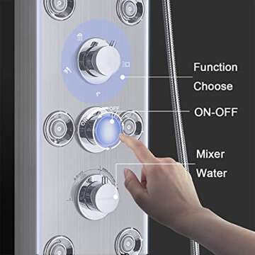 FUZ Contemporary Shower Panel Tower System Stainless Steel 6-Function Faucet LED Rainfall Waterfall Shower Head + Handheld Sprayer + Rain Massage Body Jets + Tub Spout,Brushed Nickel