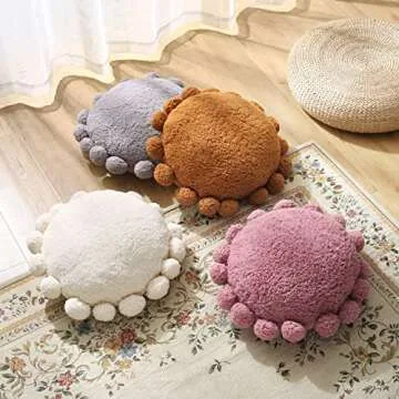 STRWARD Boho Decorative Throw Pillows Round Floor Cushion with Poms,Cute Floor Seating Plush Pillow for Kids Reading Nook,Home Decor for Chair Sofa Bed Put in Living Room Indoor Outdoor
