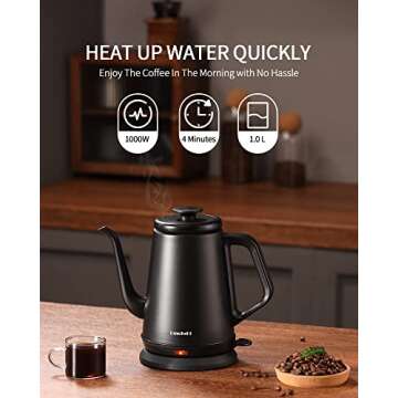 DmofwHi Gooseneck Electric Kettle(1.0L),1000W Electric Tea Kettle of 304 Stainless Steel,Auto Shut off,Water Kettle for Coffee and Tea -Matte Black