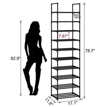 WEXCISE Narrow Shoe Rack 10 Tiers Tall Shoe Rack for Entryway 20 24 Pairs Shoe & Boots Organizer Storage Shelf Durable Black Metal Stackable Shoe Cabinet with Hooks, 17.1D x 11.8W x 78.7H in