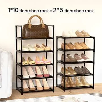 WEXCISE Narrow Shoe Rack 10 Tiers Tall Shoe Rack for Entryway 20 24 Pairs Shoe & Boots Organizer Storage Shelf Durable Black Metal Stackable Shoe Cabinet with Hooks, 17.1D x 11.8W x 78.7H in