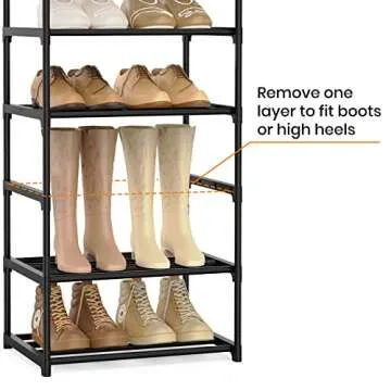 WEXCISE Narrow Shoe Rack 10 Tiers Tall Shoe Rack for Entryway 20 24 Pairs Shoe & Boots Organizer Storage Shelf Durable Black Metal Stackable Shoe Cabinet with Hooks, 17.1D x 11.8W x 78.7H in