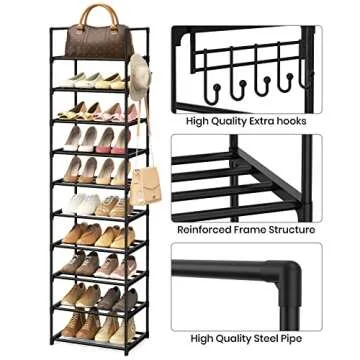 WEXCISE Narrow Shoe Rack 10 Tiers Tall Shoe Rack for Entryway 20 24 Pairs Shoe & Boots Organizer Storage Shelf Durable Black Metal Stackable Shoe Cabinet with Hooks, 17.1D x 11.8W x 78.7H in