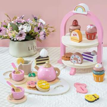 Atoylink Wooden Tea Party Set for Little Girls Toys Kids Play Kitchen Toddler Tea Set with Play Food...