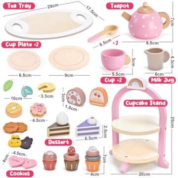 Atoylink Wooden Tea Party Set for Little Girls Toys Kids Play Kitchen Toddler Tea Set with Play Food & Cupcake Stand Pretend Play Wooden Toys for 2 3 4 5 6 Year Old Girl Christmas Birthday Gift, Pink