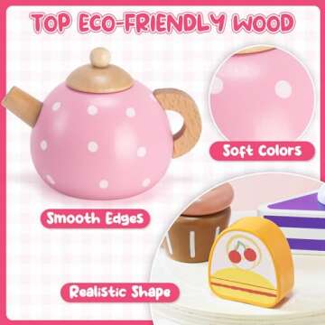 Atoylink Wooden Tea Party Set for Little Girls Toys Kids Play Kitchen Toddler Tea Set with Play Food & Cupcake Stand Pretend Play Wooden Toys for 2 3 4 5 6 Year Old Girl Christmas Birthday Gift, Pink