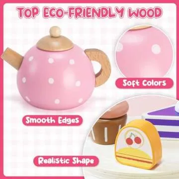 Atoylink Wooden Tea Party Set for Little Girls Toys Kids Play Kitchen Toddler Tea Set with Play Food & Cupcake Stand Pretend Play Wooden Toys for 2 3 4 5 6 Year Old Girl Christmas Birthday Gift, Pink