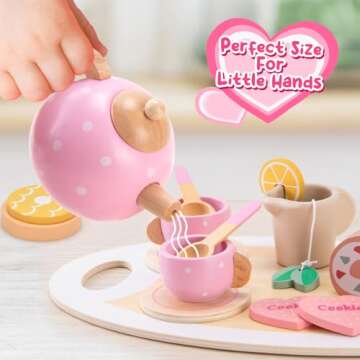 Atoylink Wooden Tea Party Set for Little Girls Toys Kids Play Kitchen Toddler Tea Set with Play Food & Cupcake Stand Pretend Play Wooden Toys for 2 3 4 5 6 Year Old Girl Christmas Birthday Gift, Pink