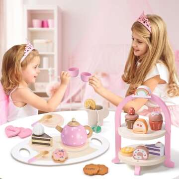 Atoylink Wooden Tea Party Set for Little Girls Toys Kids Play Kitchen Toddler Tea Set with Play Food & Cupcake Stand Pretend Play Wooden Toys for 2 3 4 5 6 Year Old Girl Christmas Birthday Gift, Pink