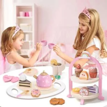 Atoylink Wooden Tea Party Set for Little Girls Toys Kids Play Kitchen Toddler Tea Set with Play Food & Cupcake Stand Pretend Play Wooden Toys for 2 3 4 5 6 Year Old Girl Christmas Birthday Gift, Pink
