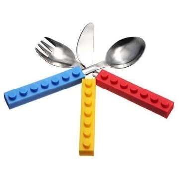 Toddler Utensils and Brick Toys - Set of 3 Interlocking Block Kids Silverware - Toddler Fork and Spo...