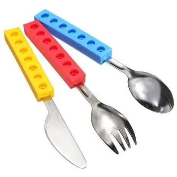 Toddler Utensils and Brick Toys - Set of 3 Interlocking Block Kids Silverware - Toddler Fork and Spoon Set with Toddler Knife-Non-BPA Kids Cutlery and Kid Safe Stainless Steel Silverware（3 Years Up）