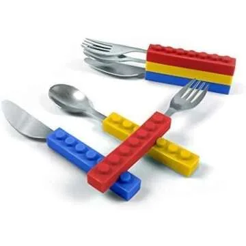Toddler Utensils and Brick Toys - Set of 3 Interlocking Block Kids Silverware - Toddler Fork and Spoon Set with Toddler Knife-Non-BPA Kids Cutlery and Kid Safe Stainless Steel Silverware（3 Years Up）