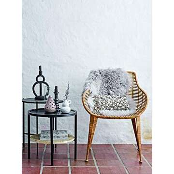 Bloomingville Boho Round Metal Accent Table with Tray Style Top and Handwoven Bamboo Storage Shelf, Black and Natural