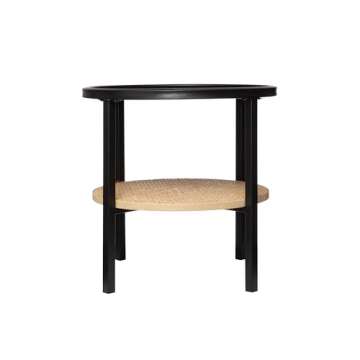 Bloomingville Boho Round Metal Accent Table with Tray Style Top and Handwoven Bamboo Storage Shelf, Black and Natural