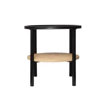 Bloomingville Boho Round Metal Accent Table with Tray Style Top and Handwoven Bamboo Storage Shelf, Black and Natural