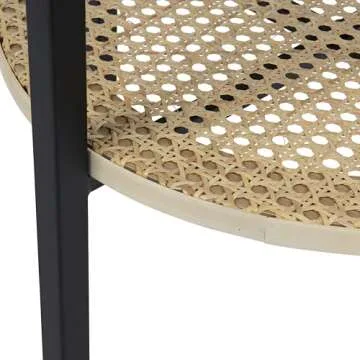 Bloomingville Boho Round Metal Accent Table with Tray Style Top and Handwoven Bamboo Storage Shelf, Black and Natural