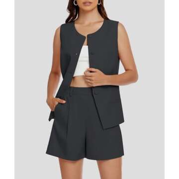 Casly Lamiit Womens 2 Piece Outfits Business Matching Sets Tank Top Blazer Shorts Set Trendy Clothes Ladies Office Work Formal Dressy Suits Dark Grey M