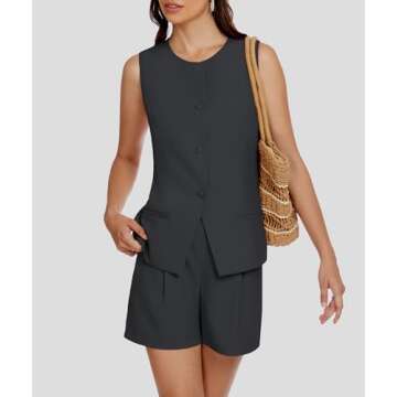Casly Lamiit Womens 2 Piece Outfits Business Matching Sets Tank Top Blazer Shorts Set Trendy Clothes Ladies Office Work Formal Dressy Suits Dark Grey M