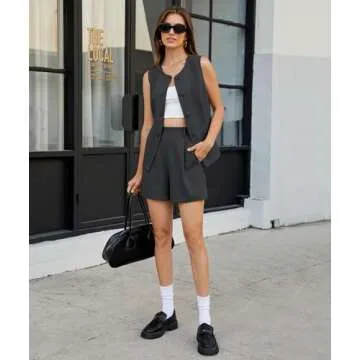 Casly Lamiit Womens 2 Piece Outfits Business Matching Sets Tank Top Blazer Shorts Set Trendy Clothes Ladies Office Work Formal Dressy Suits Dark Grey M